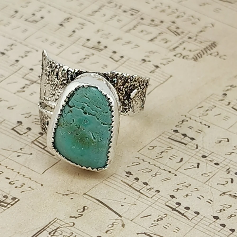 TURQUOISE RING HANDMADE IN RECYCLED STERLING SILVER BRUTALIST STYLE SZ 9